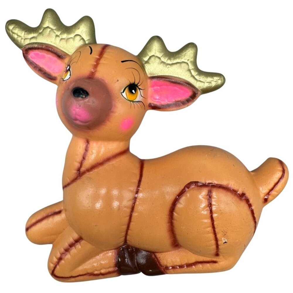 Vintage Christmas Gold Antler Reindeer Ceramic Blow Mold Figurine READ